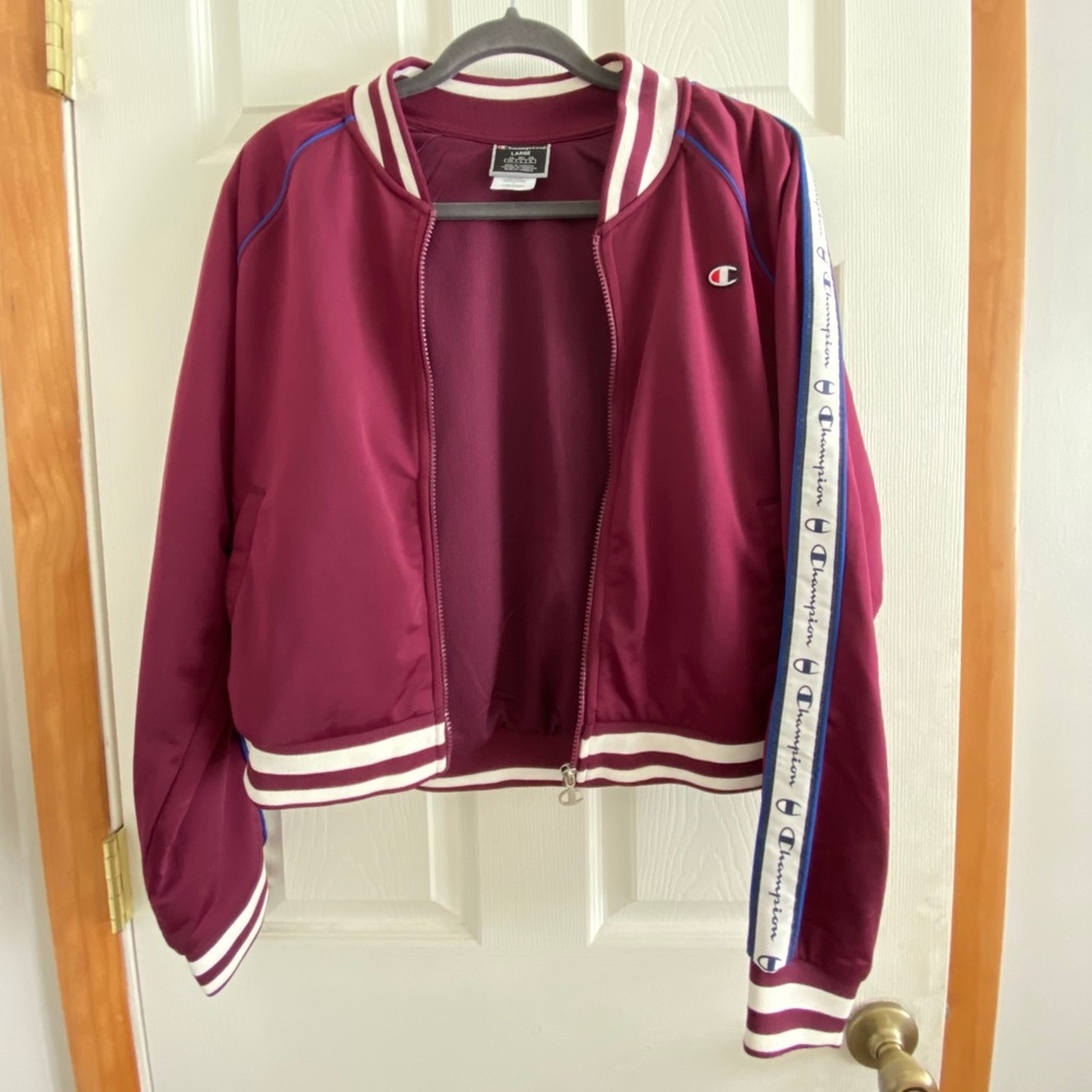 Maroon Cropped CHAMPION Striped Bomber Jackets